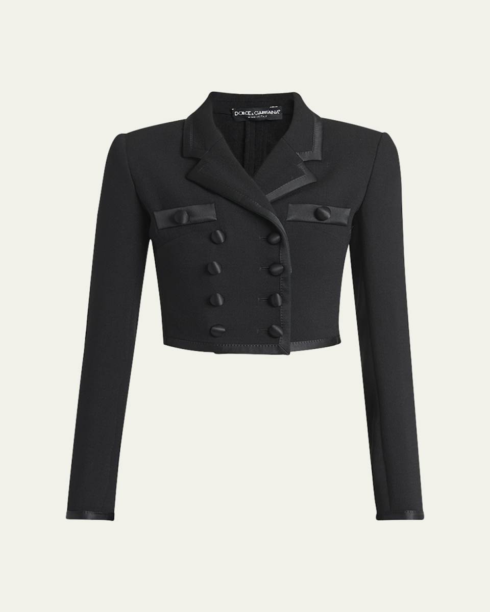 Satin-Trim Double-Breasted Crepe Crop Jacket